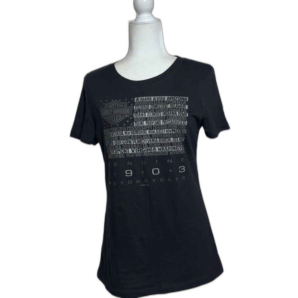 Harley Davidson Women Size M Black Short Sleeve T-Shirt States Flag Y2k Biker